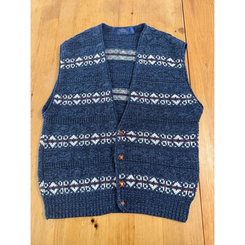 Vintage Sweater Vest Mervyns Cambridge Classic Knit Fair Isle Button Blue Men XL